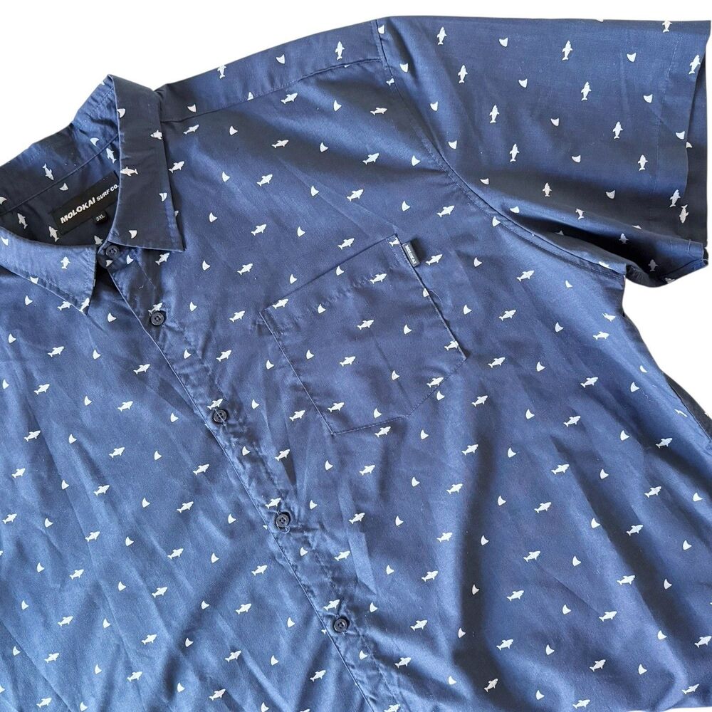 Molokai Surf Co Mens Button Up Shirt 3XL Navy Blue Shark Allover Short Sleeve